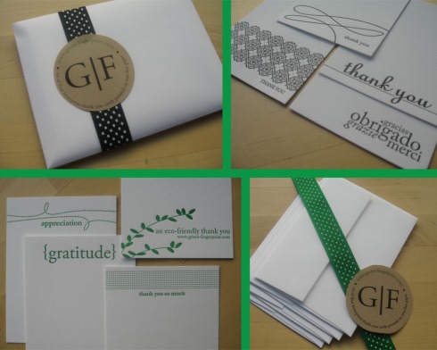 {Clockwise from upper left} Packaging for new stationery set :: Four cards included in "black" set :: Gift materials for "kelly green" set :: Four cards included in "kelly" set